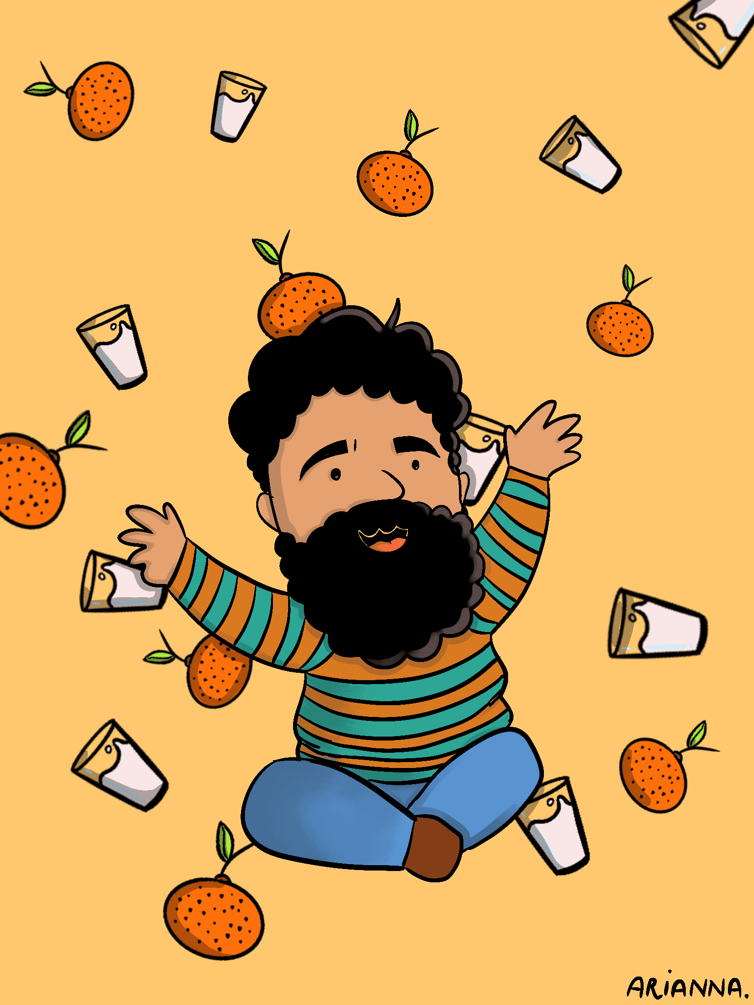 Illustrazione digitale di un uomo con barba e capelli ricci neri e maglione a righe, seduto a gambe incrociate con le braccia alzate tra arance e bicchieri di latte che volano su fondo giallo