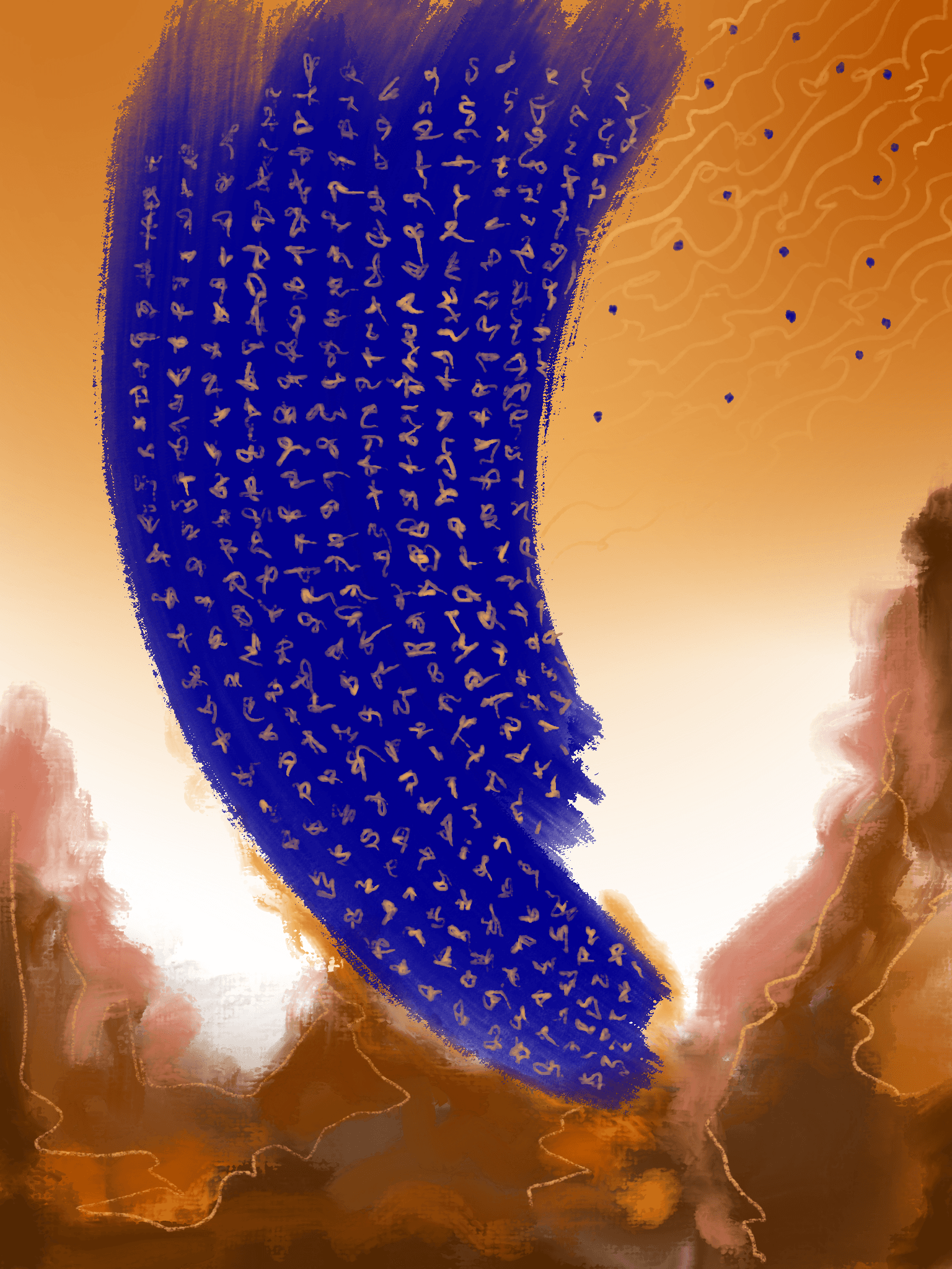 Pittura digitale astratta: una grande pennellata blu piena di segni simili a una scrittura inventata scende su un paesaggio di rocce sotto un cielo arancione