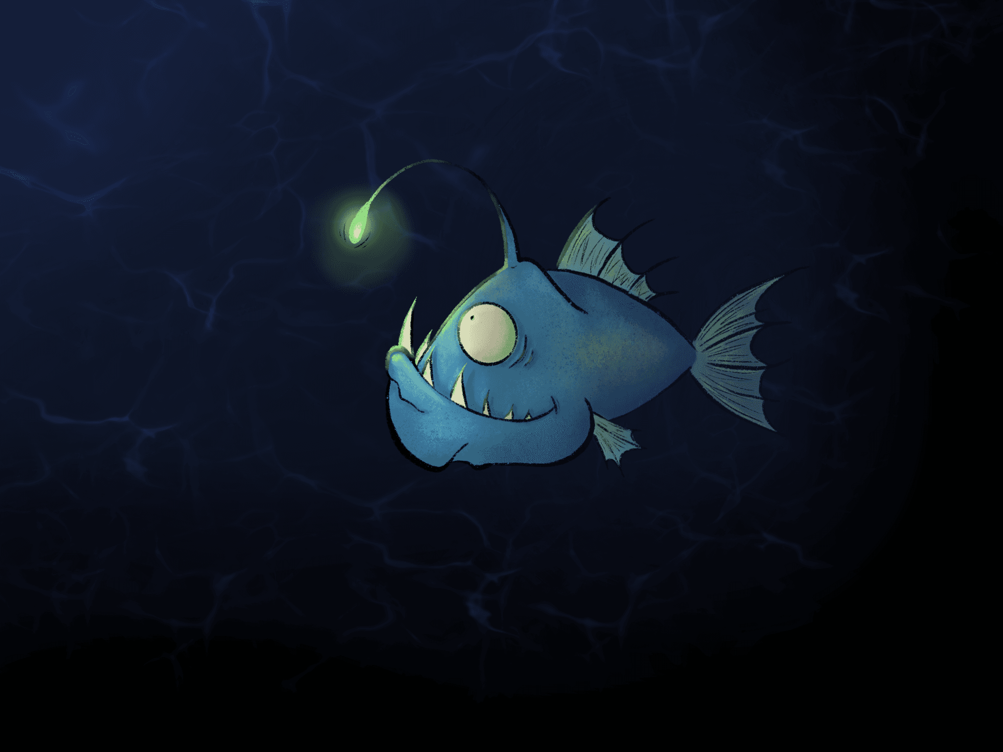 Illustrazione di una rana pescatrice azzurra con gli occhi grandi e i denti aguzzi, con la sua lucina verde che brilla nel buio degli abissi