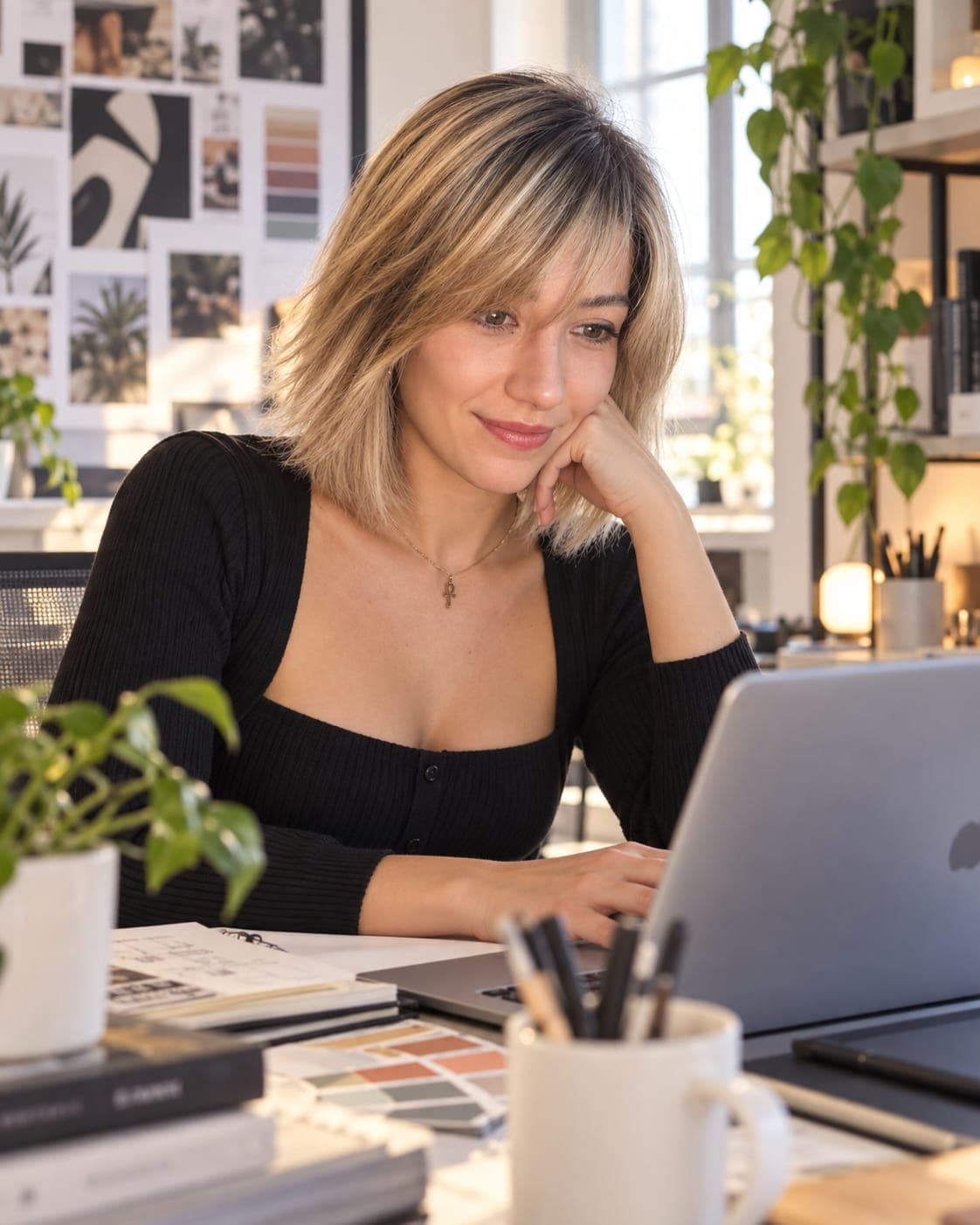 Arianna Pucci al lavoro alla scrivania, tra palette di colori e bozzetti