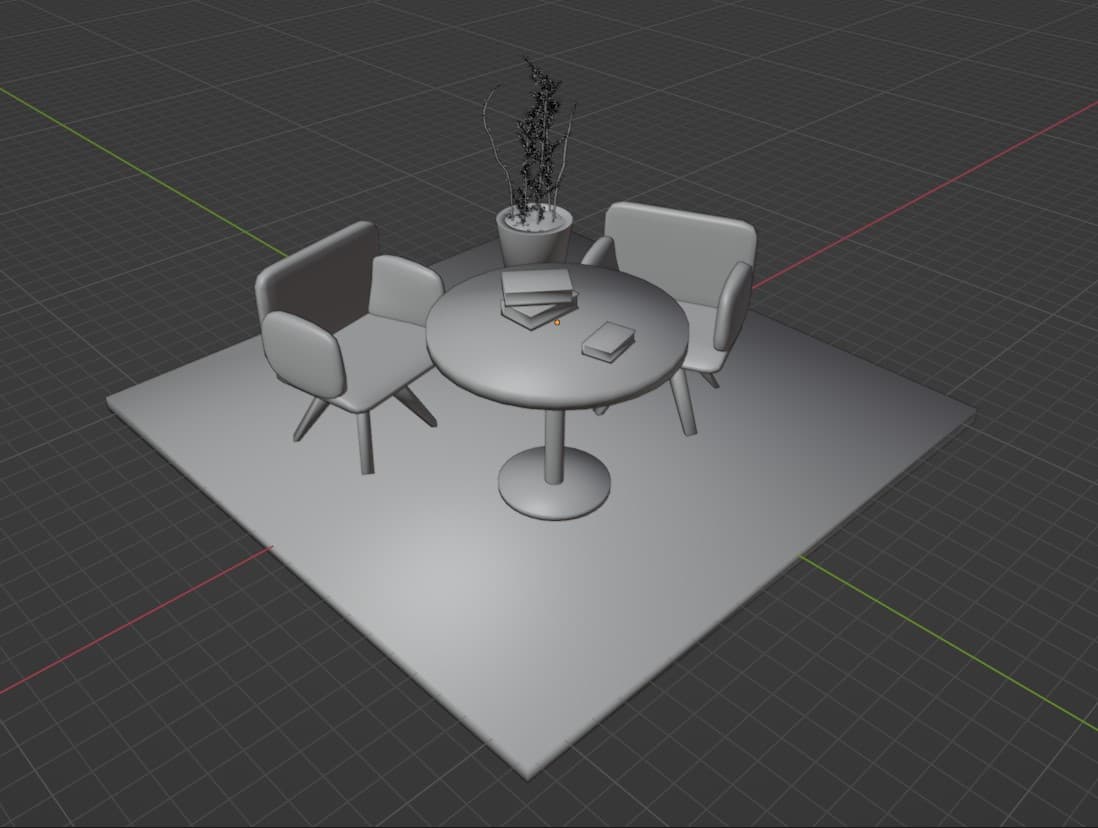 Lo stesso angolo ufficio come modello 3D grigio senza materiali, visto dall'alto nell'area di lavoro di Blender