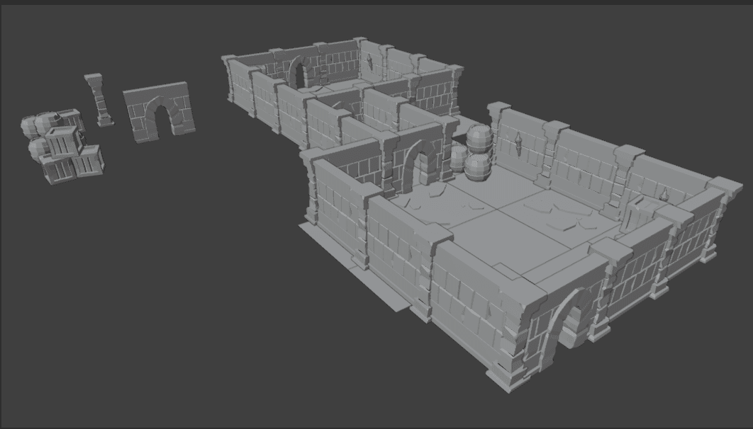 Il dungeon come modello 3D grigio senza materiali, con i singoli moduli di pareti, archi e casse separati sulla sinistra