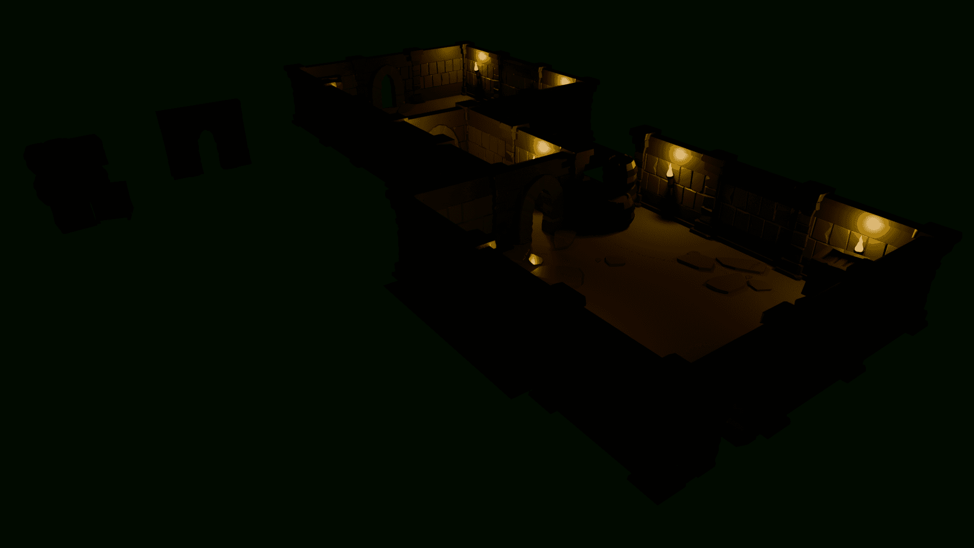 Render notturno del dungeon: le stanze sono al buio, illuminate solo dalla luce calda delle torce