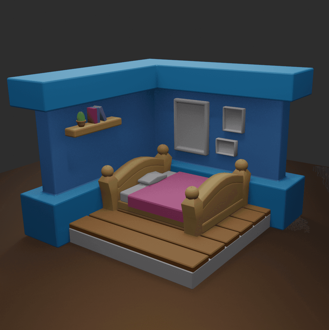 Cameretta 3D stilizzata con pareti blu, letto in legno con coperta rosa, una mensola con libri e un cactus, cornici alle pareti e pavimento in assi di legno