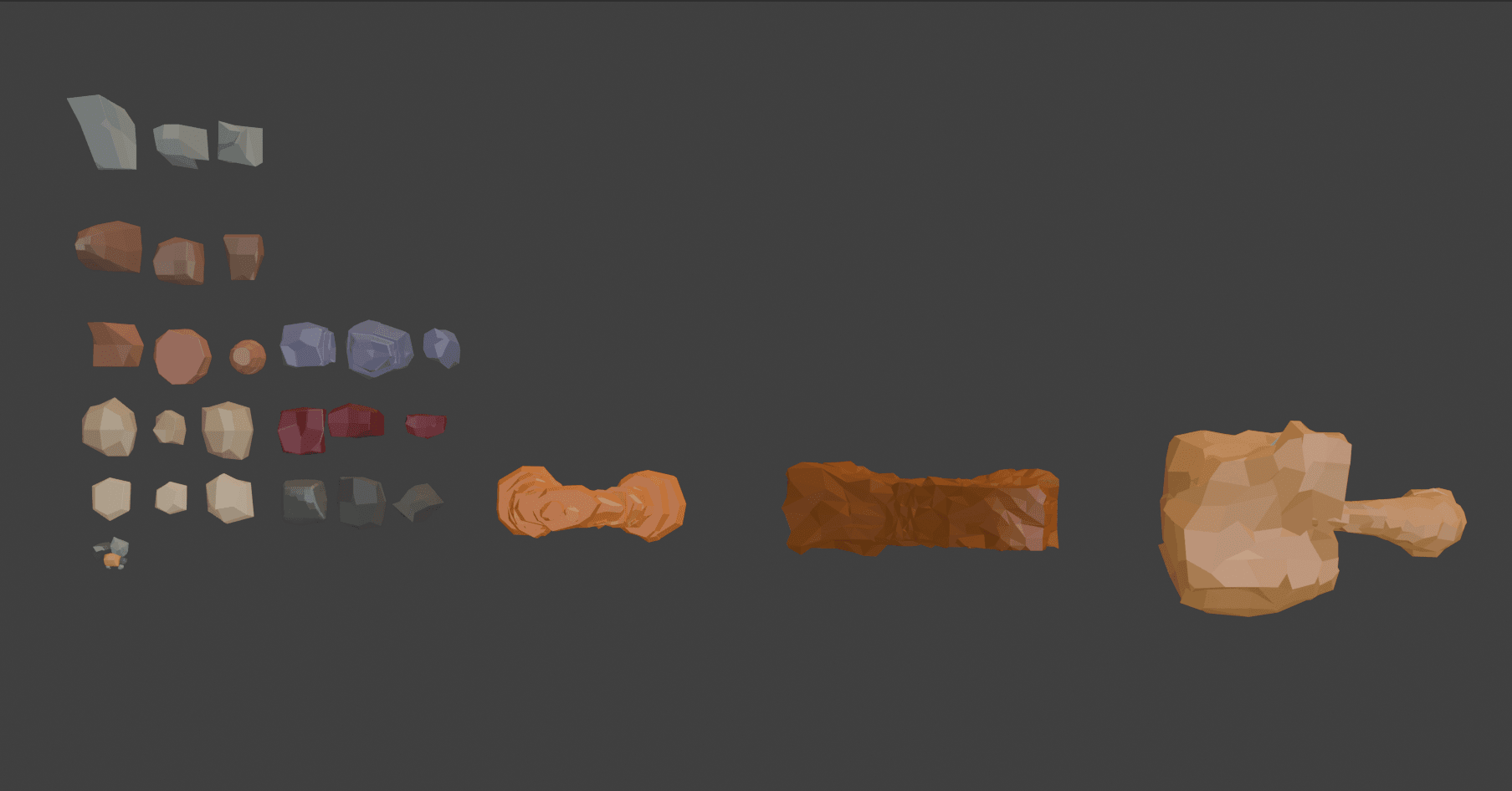 Lo stesso set di rocce low poly visto dall'alto, con le rocce ordinate per forma e colore