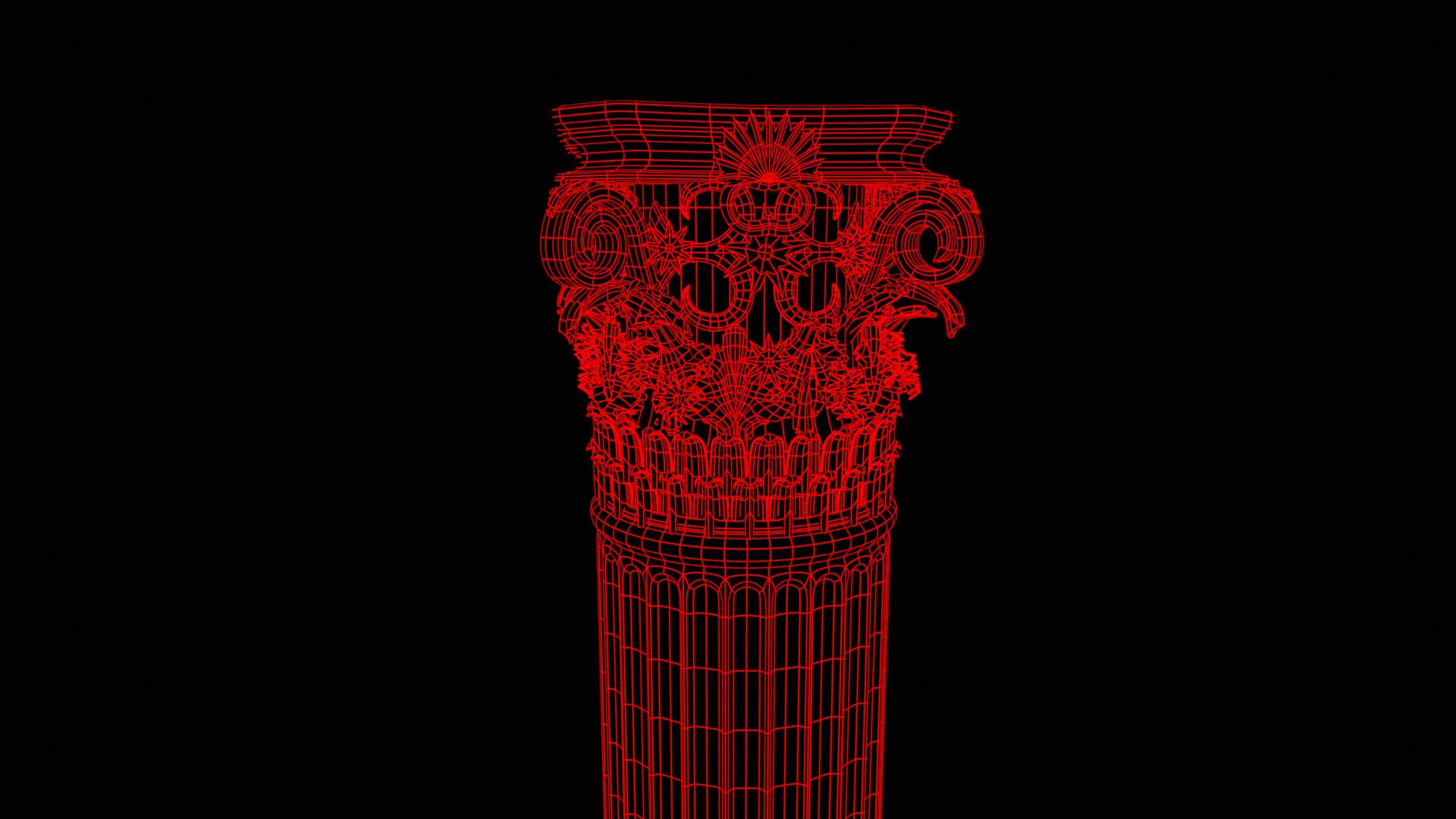 Wireframe rosso su fondo nero della colonna ornamentale, che mostra la struttura poligonale del capitello e del fusto