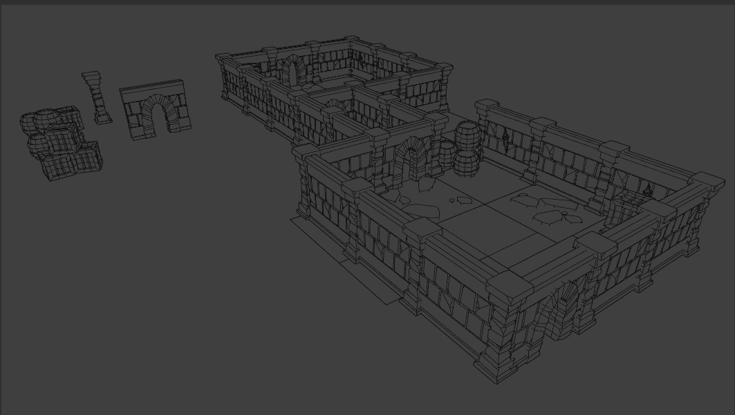 Wireframe del dungeon: la struttura poligonale dei moduli disegnata con linee nere su fondo grigio